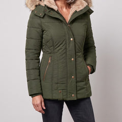 Margot winter coat in green, front view