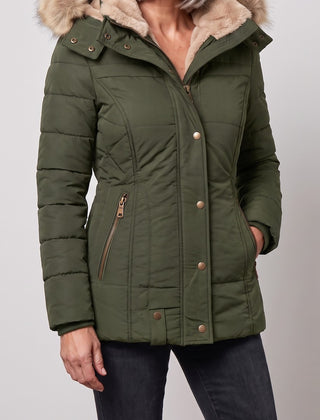 Margot winter coat in green, front view