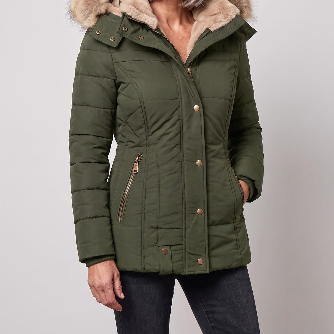 Margot winter coat in green, front view