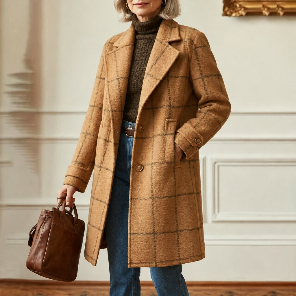 Cecile | Elegant Long Plaid Coat