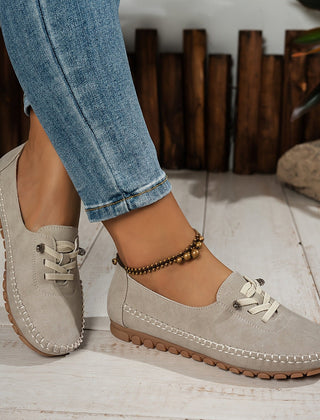 Molly Soft Lace-Front Moccasins in beige