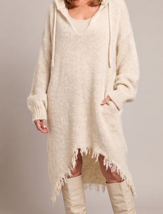 Elena hooded dress in cream, front view