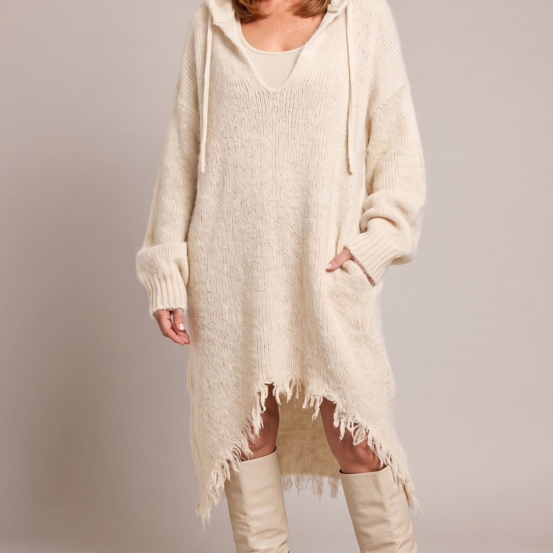 Elena hooded dress in cream, front view