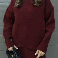 Beatrice two-piece sweater and skirt in Burgundy, close-up