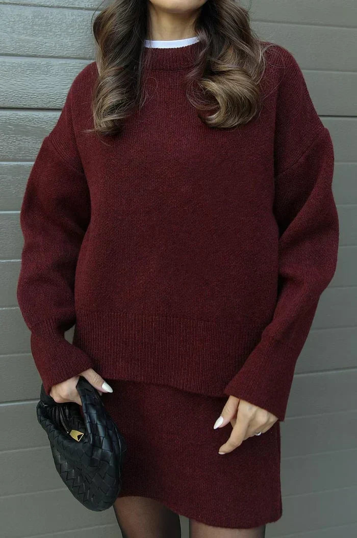 Beatrice two-piece sweater and skirt in Burgundy, close-up