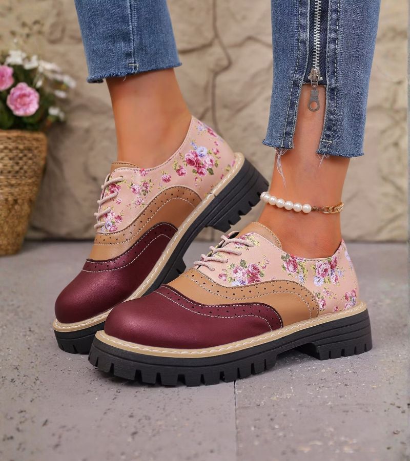 Rosette floral brogue comfort oxfords - Burgundy