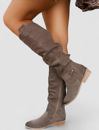 Harper Knee-High Slouch Boots with Low Heel in taupe