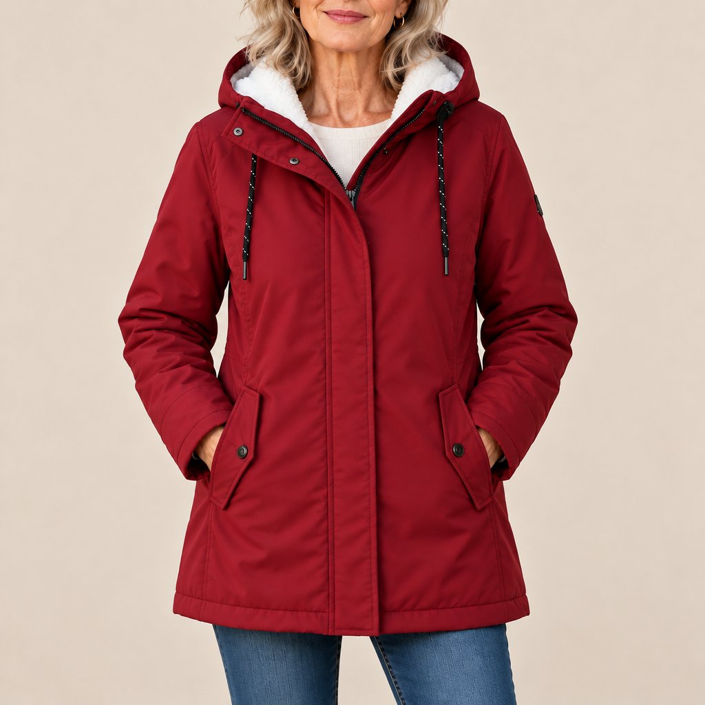 Maeve parka in red shown open with the cozy lining