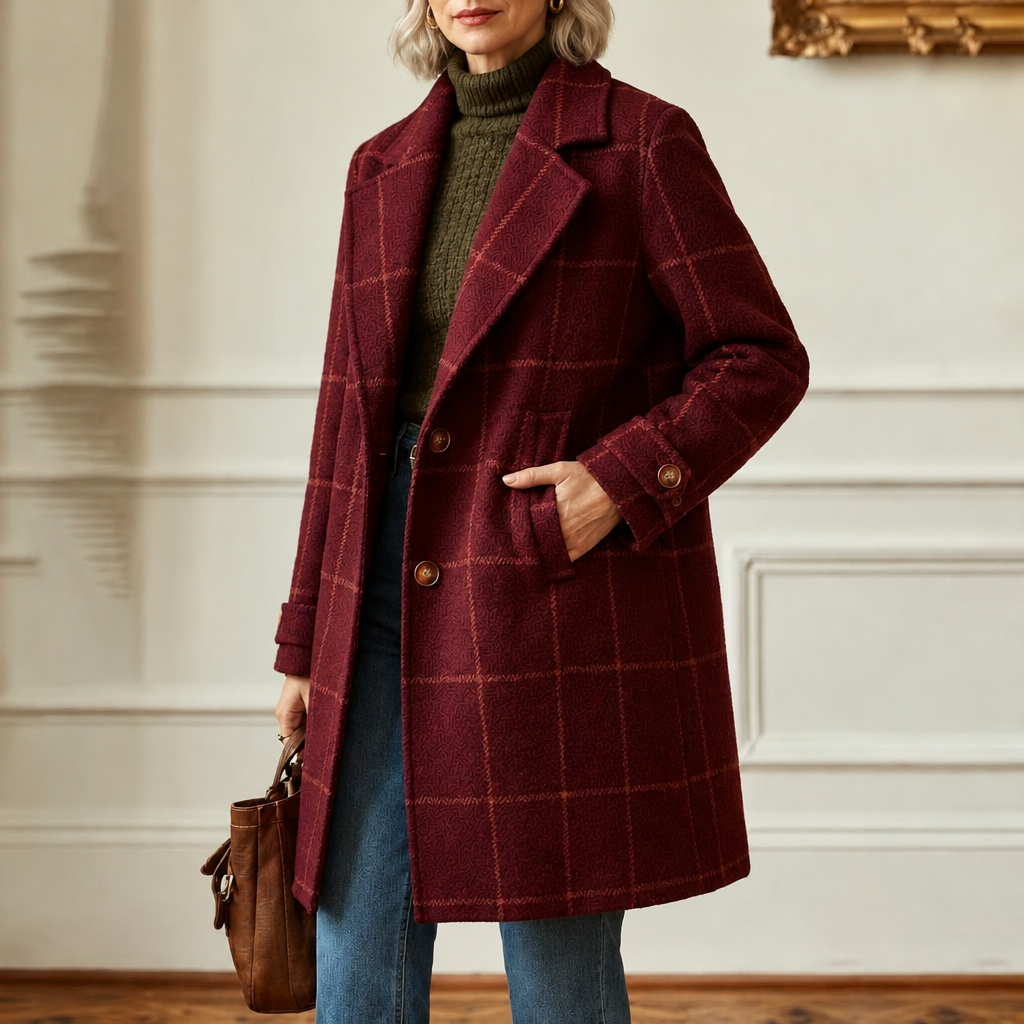 Cecile | Elegant Long Plaid Coat