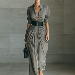 Cornelia | Long Pleated Dress with Lapel Collar