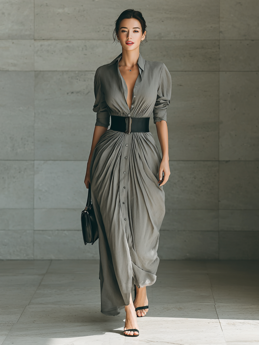 Cornelia | Long Pleated Dress with Lapel Collar