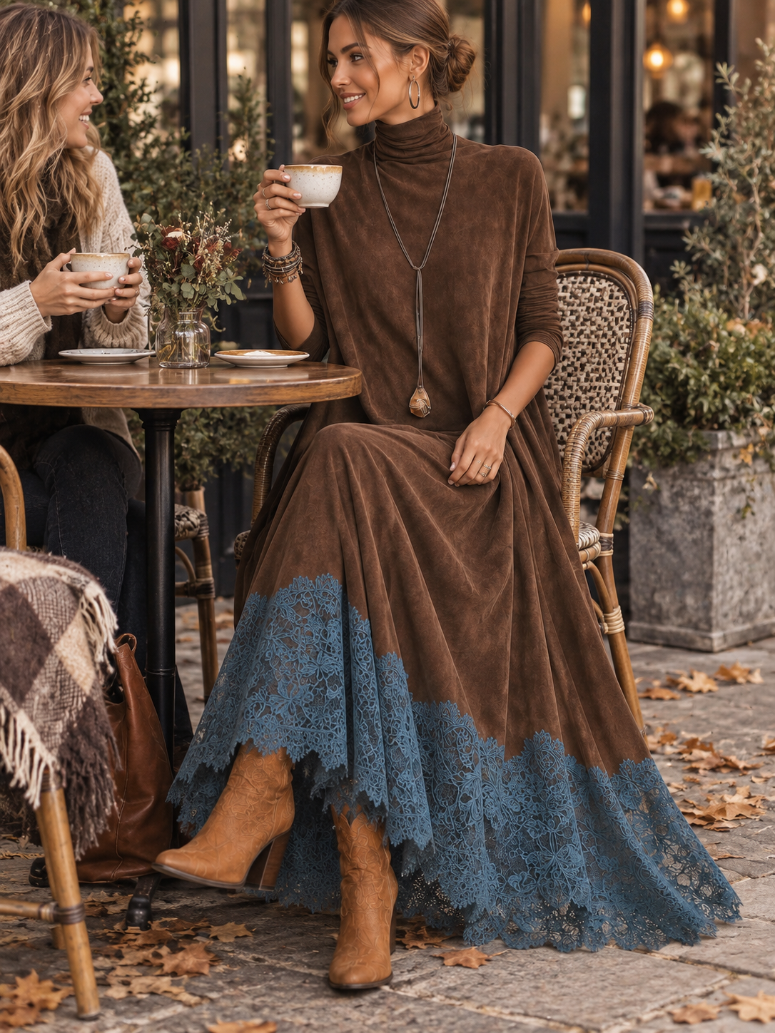 Ramona lace hem maxi dress at a cafe