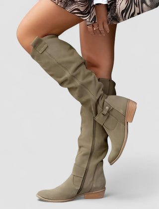 Harper Knee-High Slouch Boots with Low Heel in khaki