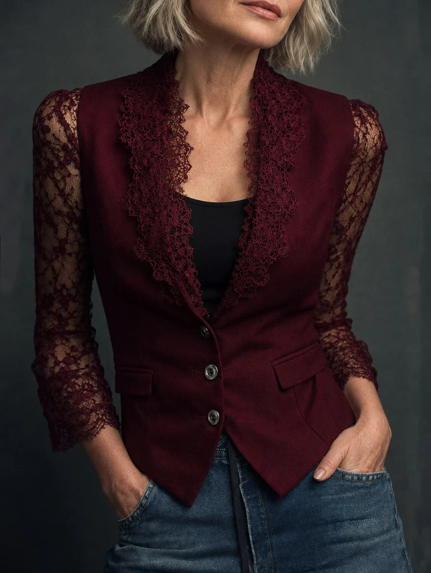 Nadine | Elegant Top with Sheer Sleeves - Red