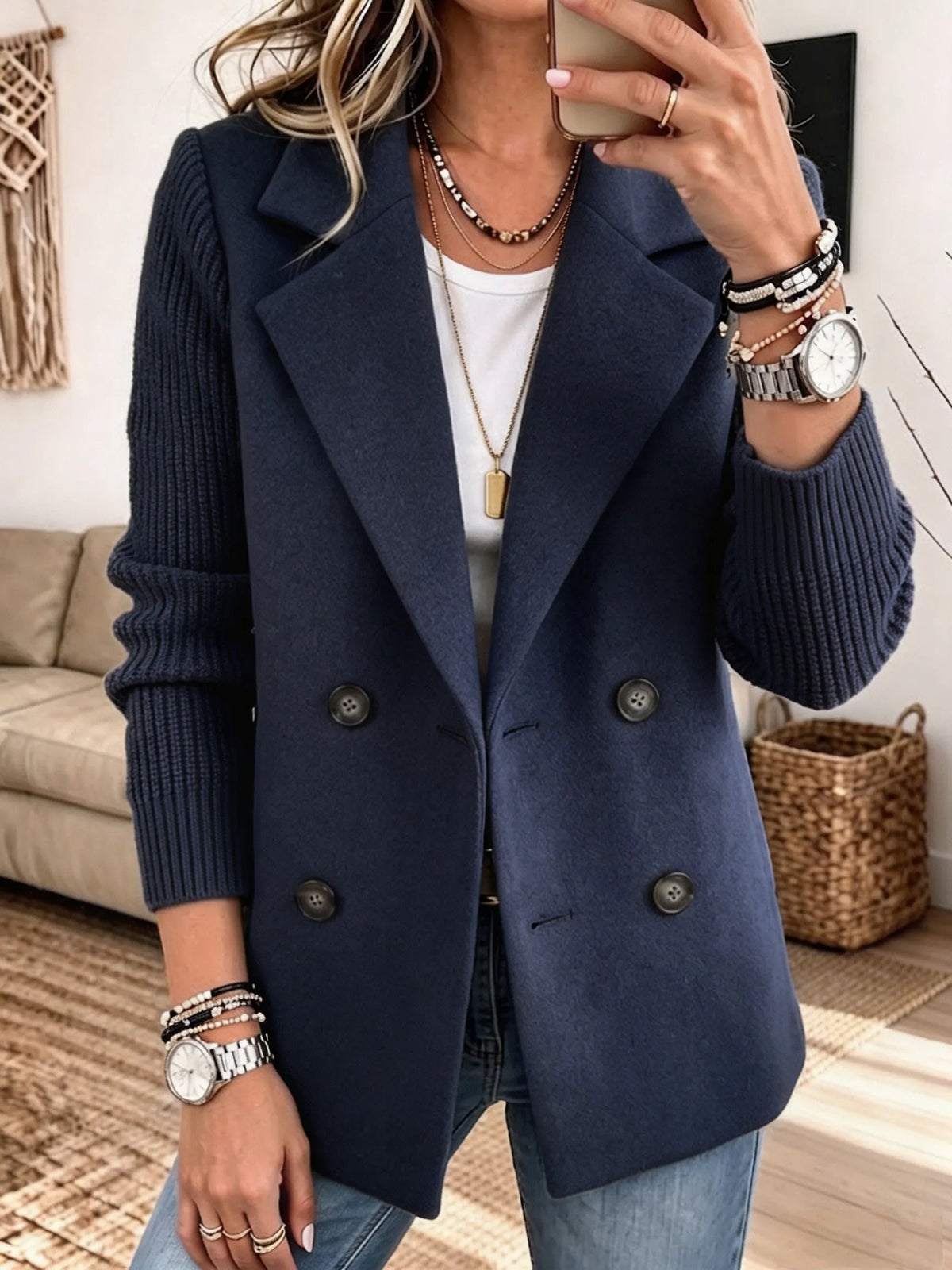 Carla double-breasted blazer with ribbed sleeves in Blue