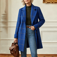 Cecile | Elegant Long Plaid Coat - Royal Blue