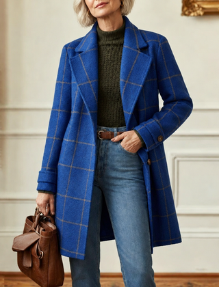 Cecile | Elegant Long Plaid Coat - Royal Blue