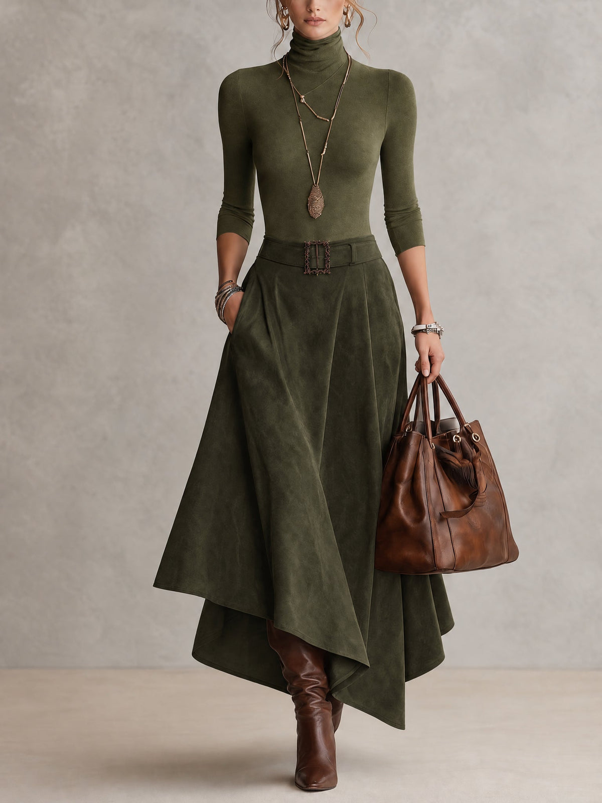 Celeste | Turtleneck Top and Asymmetric Skirt in Green