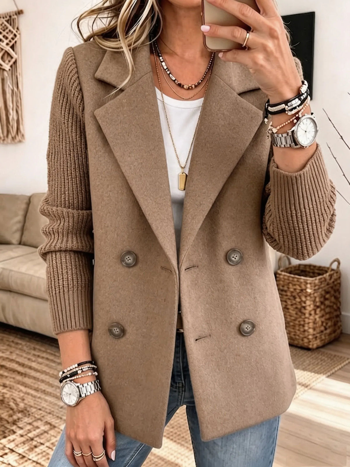 Carla double-breasted blazer with ribbed sleeves in Camel