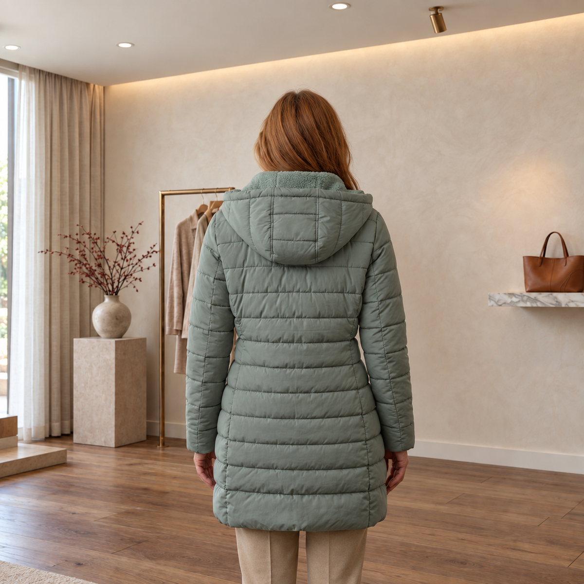 Anna hooded A-line winter coat in Sage Green