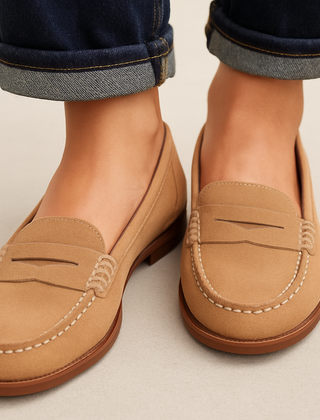 Colette penny loafers in tan, worn with cuffed jeans