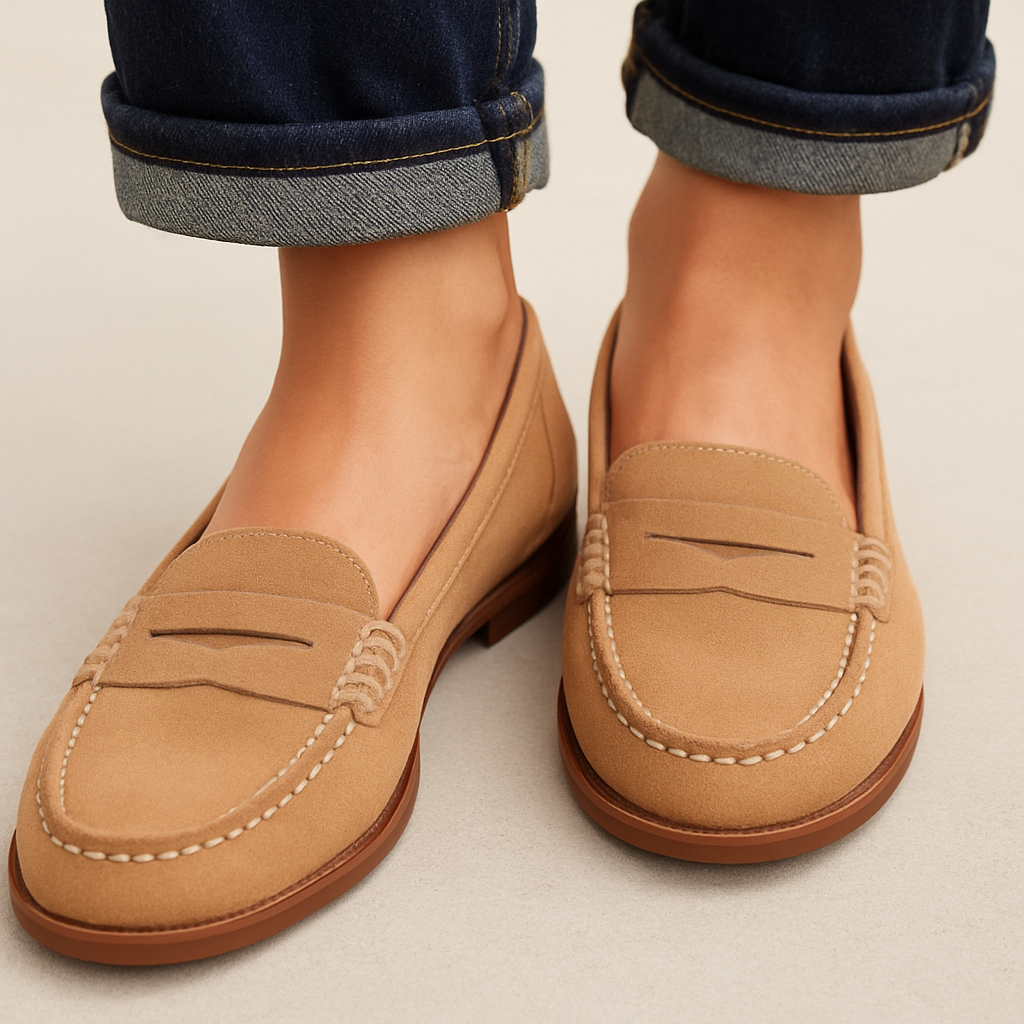 Colette penny loafers in tan, worn with cuffed jeans