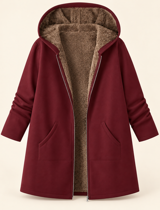 Evelyn cozy lined hooded coat in Burgundy