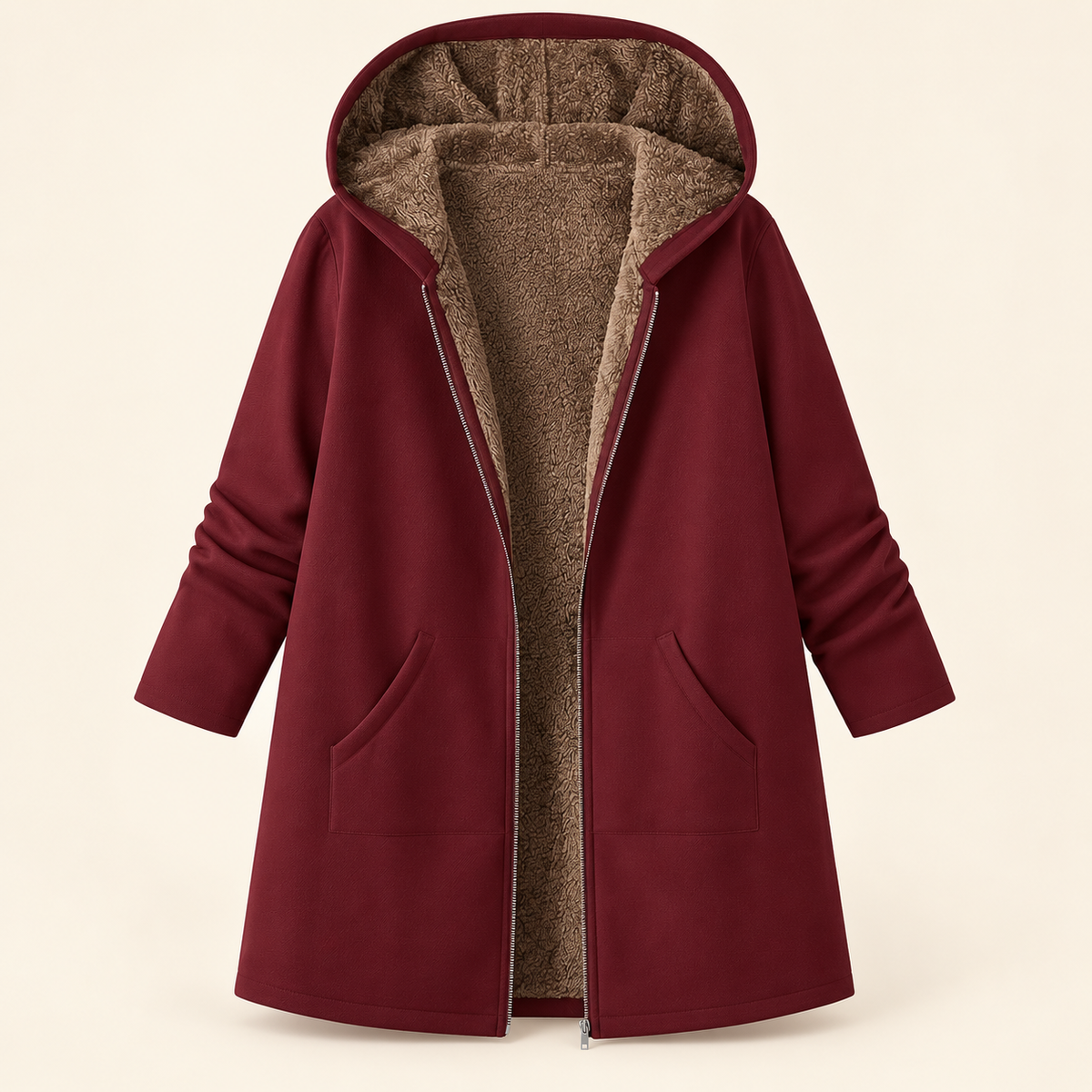 Evelyn cozy lined hooded coat in Burgundy