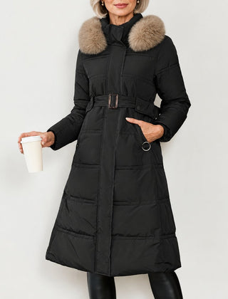 Solange long belted puffer coat in black
