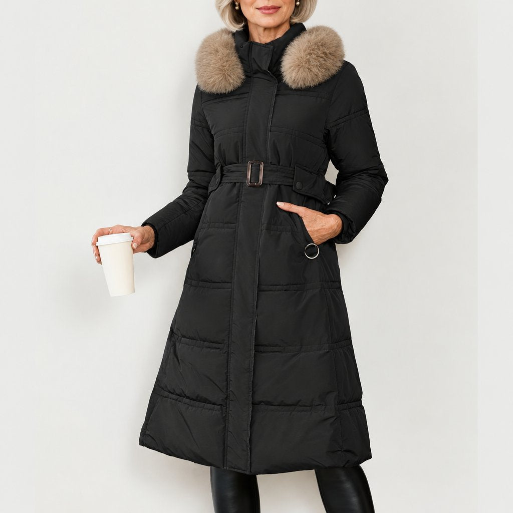 Solange long belted puffer coat in black