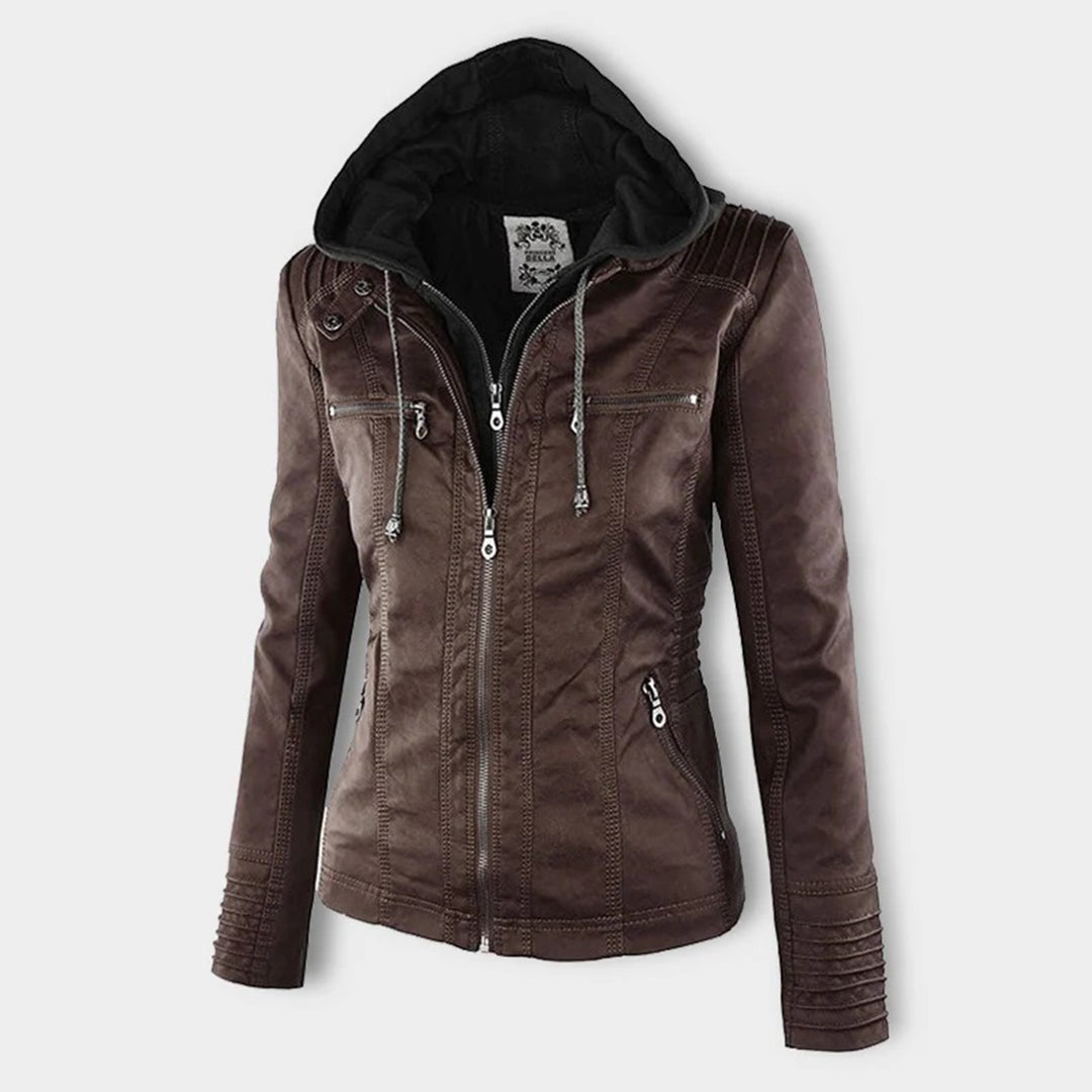 Flavia Jacket in dark brown, hood up