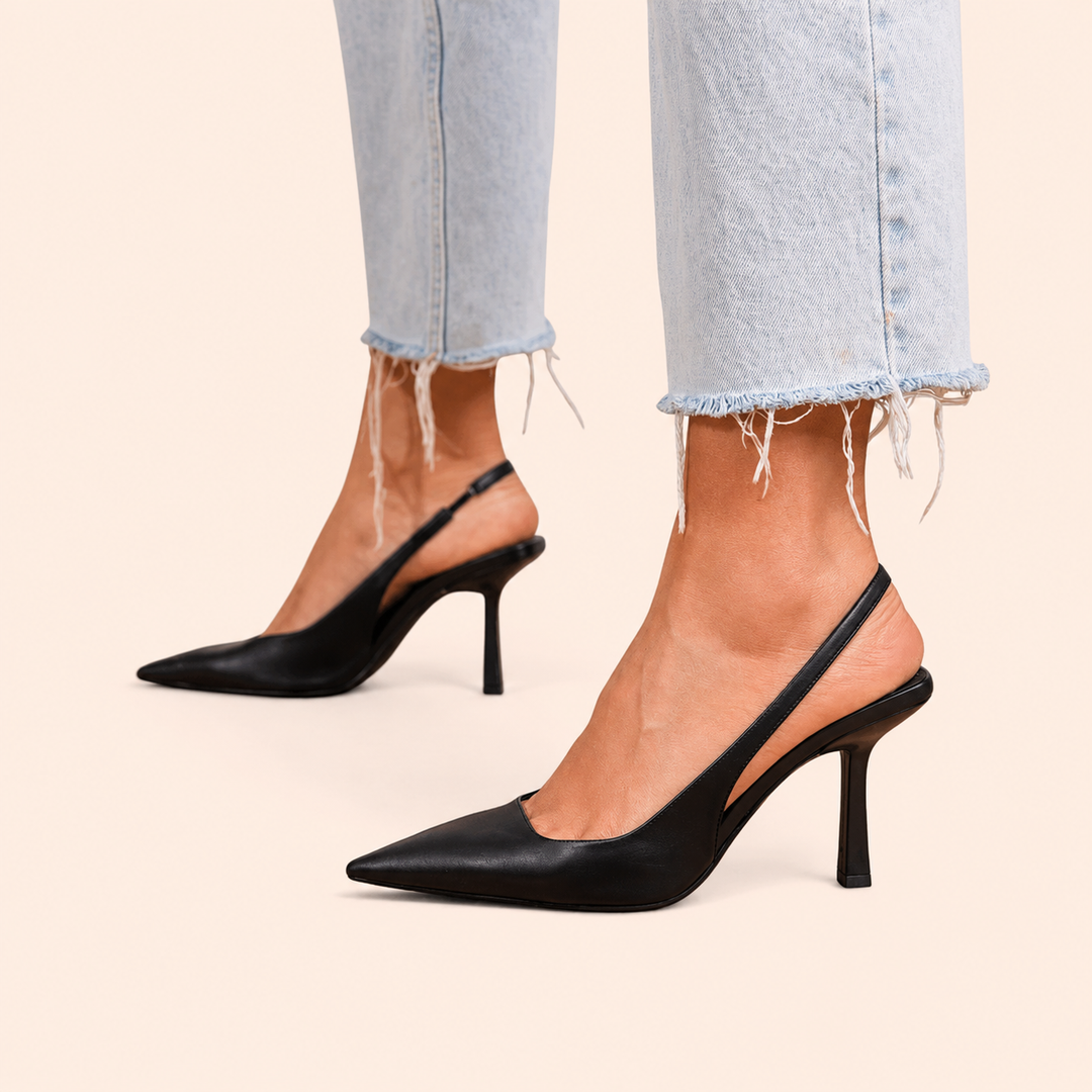 Stella Pointed Slingback Heels in shiny black