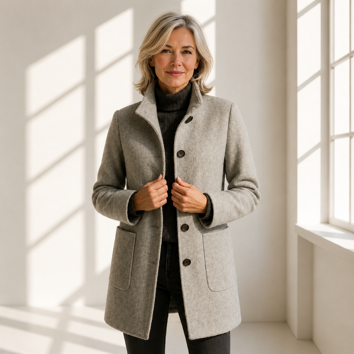 Woman wearing the Eleanor coat in gray
