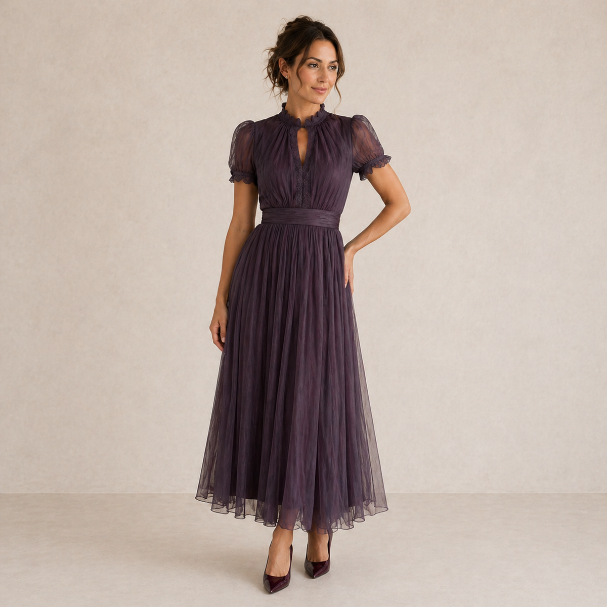 Evelyn | Pleated Puff-Sleeve Midi Dress