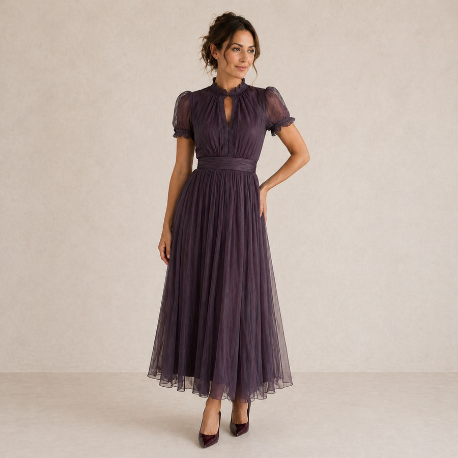 Evelyn | Pleated Puff-Sleeve Midi Dress