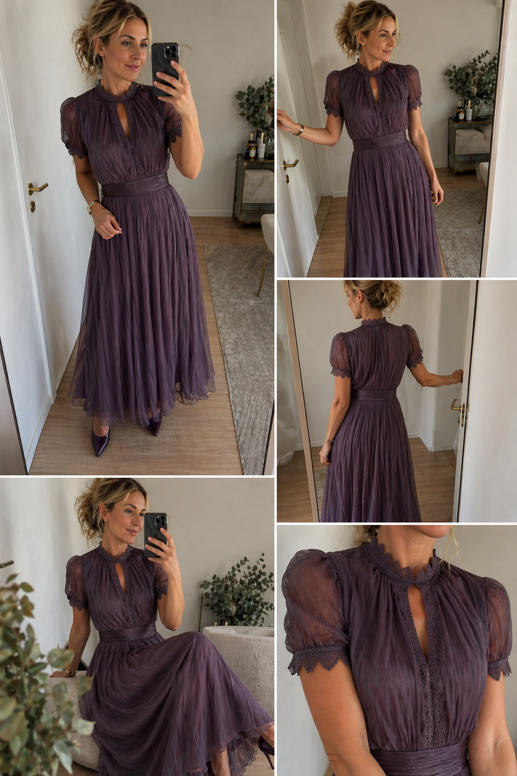 Evelyn | Pleated Puff-Sleeve Midi Dress