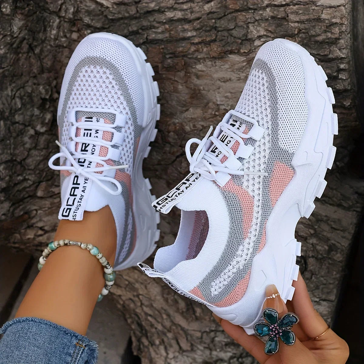 Leila orthopedic breathable lace-up sneakers in gray + peach