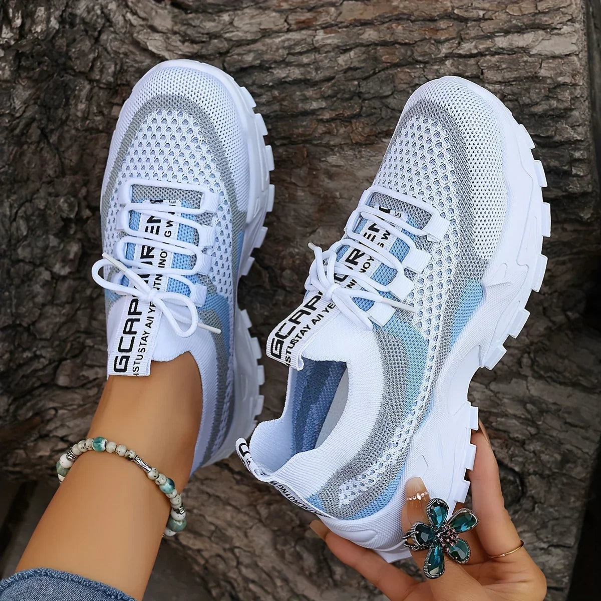 Leila orthopedic breathable lace-up sneakers in gray + light blue