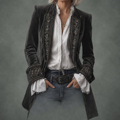 Annette long embroidered jacket in charcoal