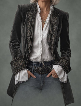 Annette long embroidered jacket in charcoal