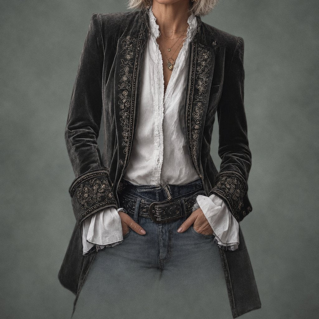 Annette long embroidered jacket in charcoal