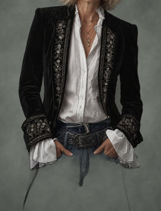 Annette long embroidered jacket in black