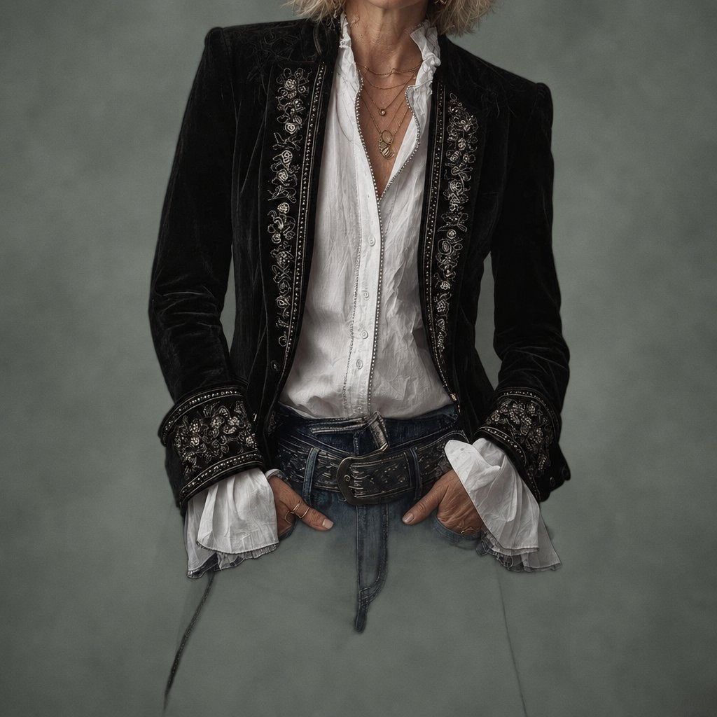Annette long embroidered jacket in black