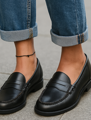 Colette penny loafers in black, worn with jeans