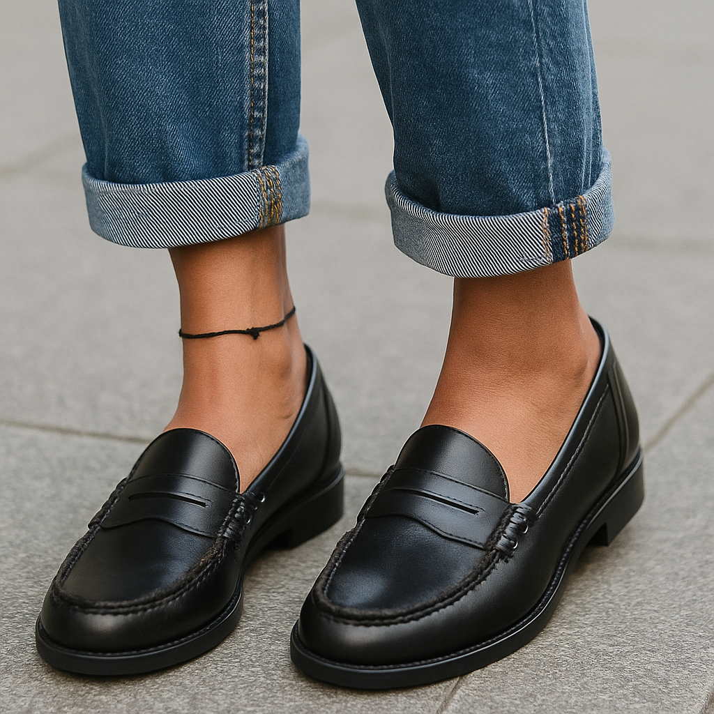Colette penny loafers in black, worn with jeans