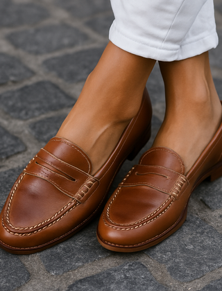 Colette penny loafers in cognac, worn