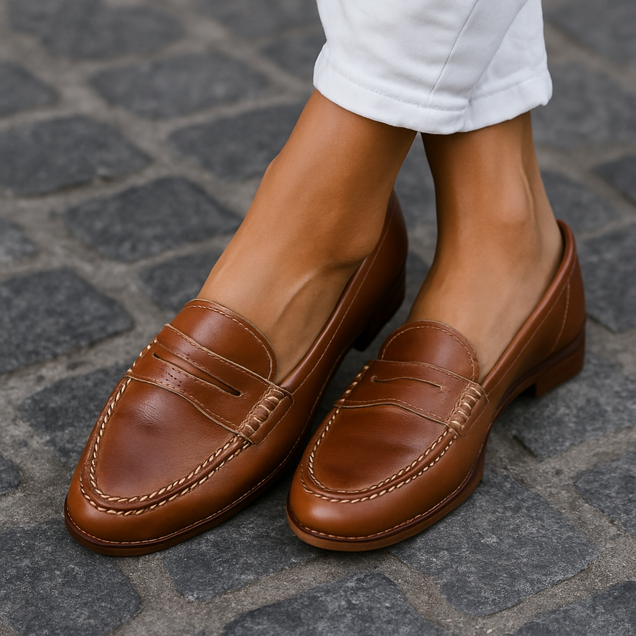 Colette penny loafers in cognac, worn
