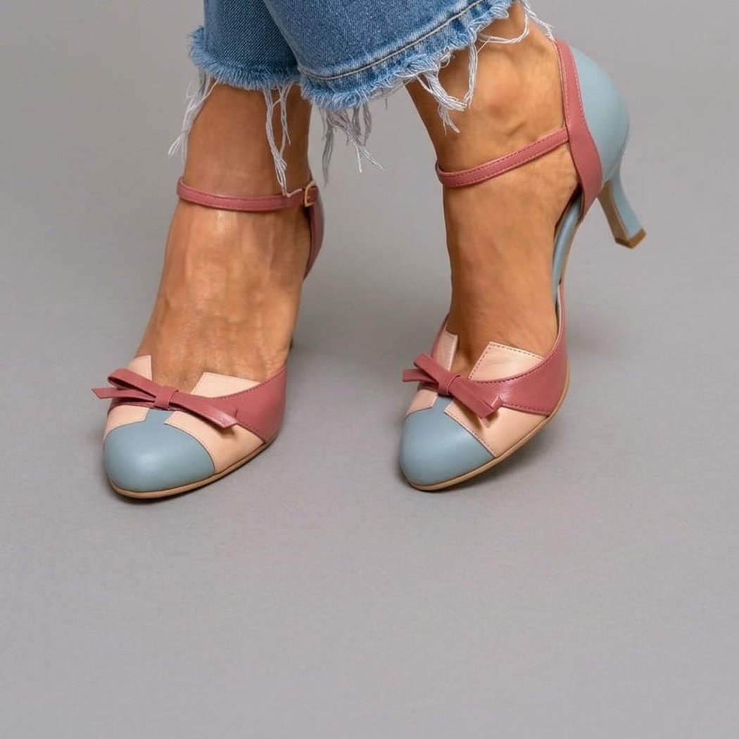 Ariane Vintage Two-Tone Mary Jane Heels with Bow in blue, another view