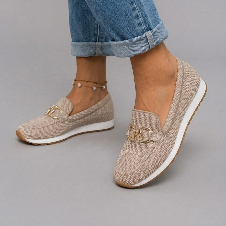 Lydia Slip-On Loafers with Gold Buckle in beige, another view