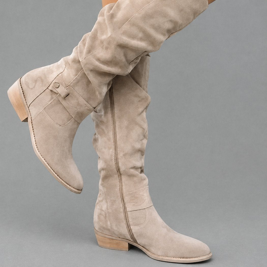 Harper Knee-High Slouch Boots with Low Heel in beige, another view